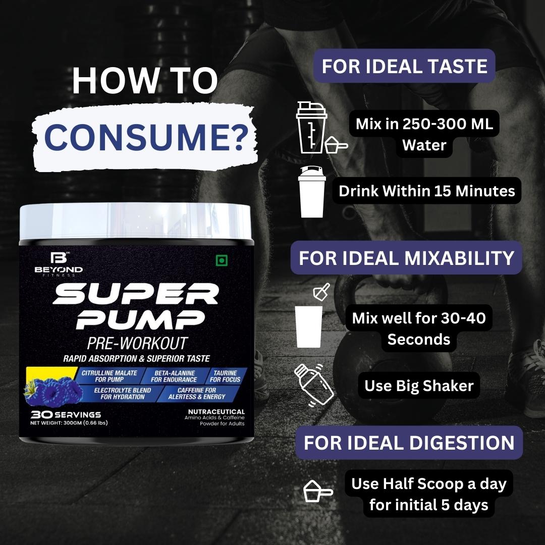 Beyond Fitness Super Pump 300gm Pre Workout with 200mg Caffeine, 3000mg L-Citrulline, and 750Mg Creatine (30 Servings, Blue Raspberry) with 400ml Shaker