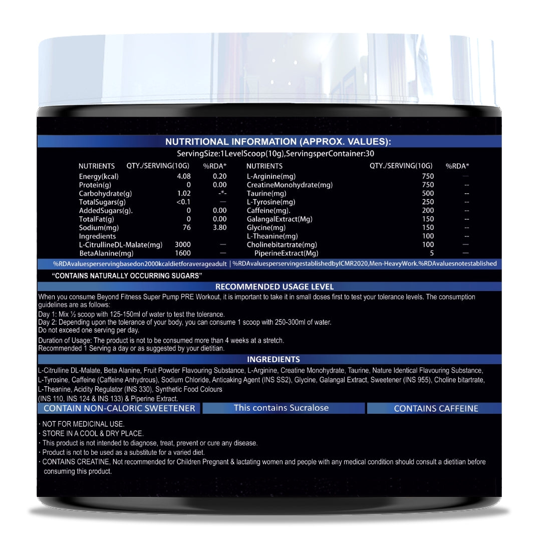 Beyond Fitness Super Pump 300gm Pre Workout with 200mg Caffeine, 3000mg L-Citrulline, and 750Mg Creatine (30 Servings, Blue Raspberry) with 1.5 Gallon Shaker