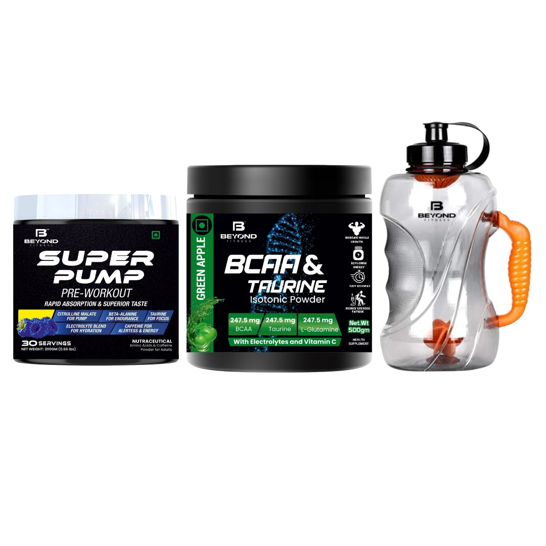 Beyond Fitness Super Pump 300gm Pre Workout (30 Servings, Blue Raspberry) with BCAA & TAURINE Isotonic Energy Drink 500gm with 1.5 ltr Gallon Shaker