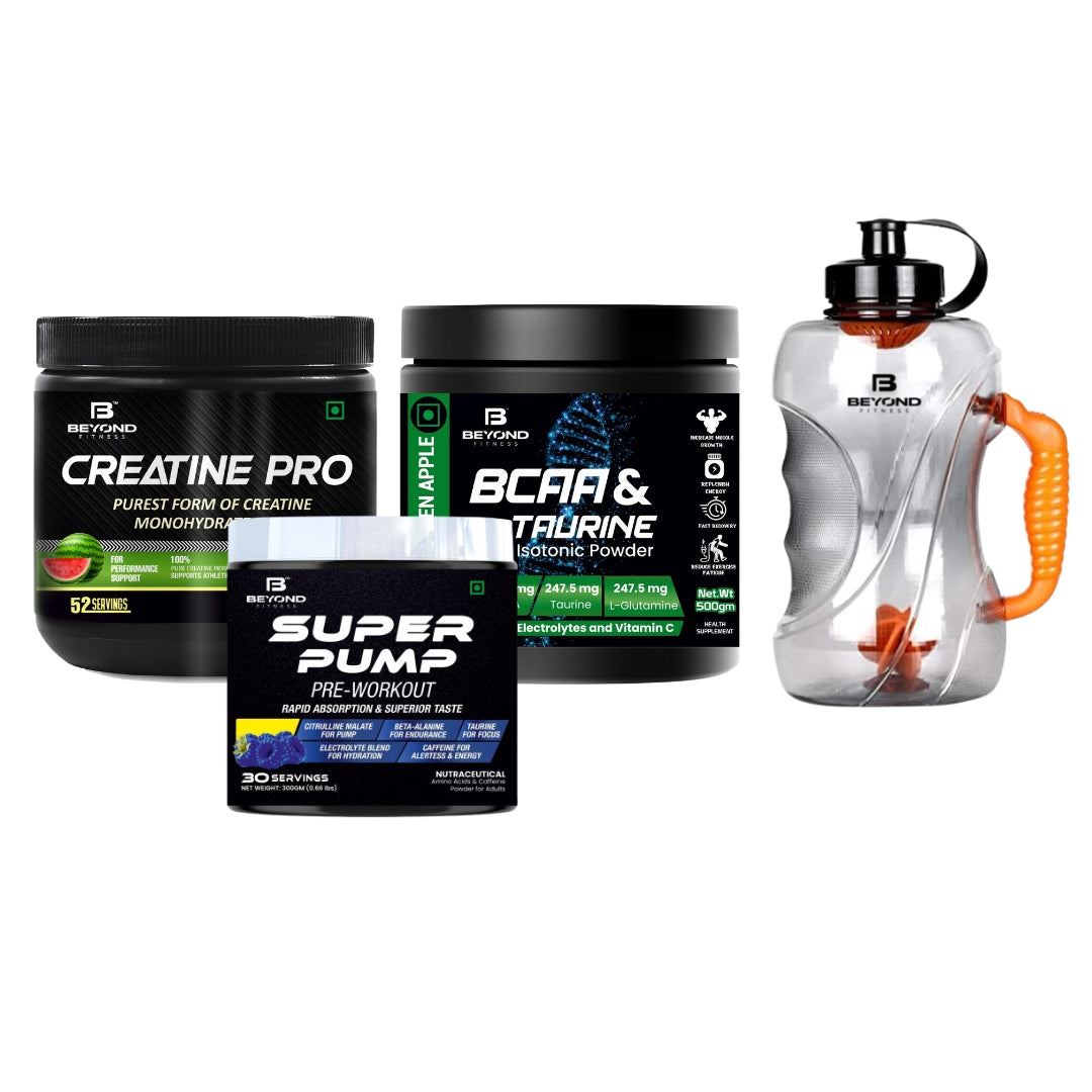 Beyond Fitness Super Pump 300gm Pre Workout with Creatine Pro, 3000mg pure Creatine Monohydrate, 156gm with BCAA & TAURINE Isotonic Energy Drink 500gm with 1.5 ltr Gallon Shaker