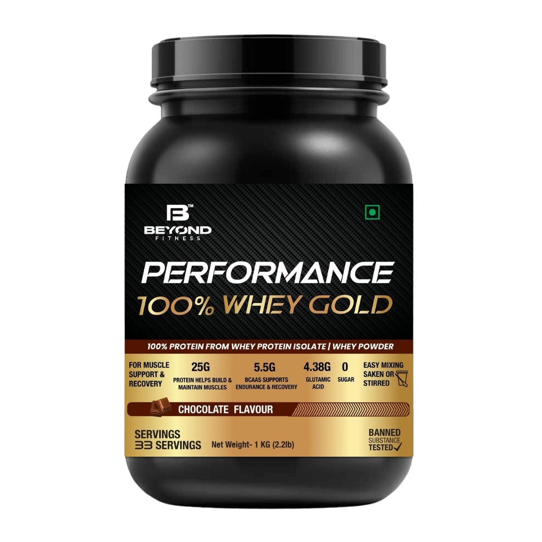 Beyond Fitness Performance 100% Whey Gold- Post Workout Protein Concentrate, Zero Artificial Flavors & Sweeteners, Gluten Free, 25g Protein, 5.5g BCAA,Essential Amino Acids, Chocolate 2.2 lb (1 KG) with 1.5 ltr gallon