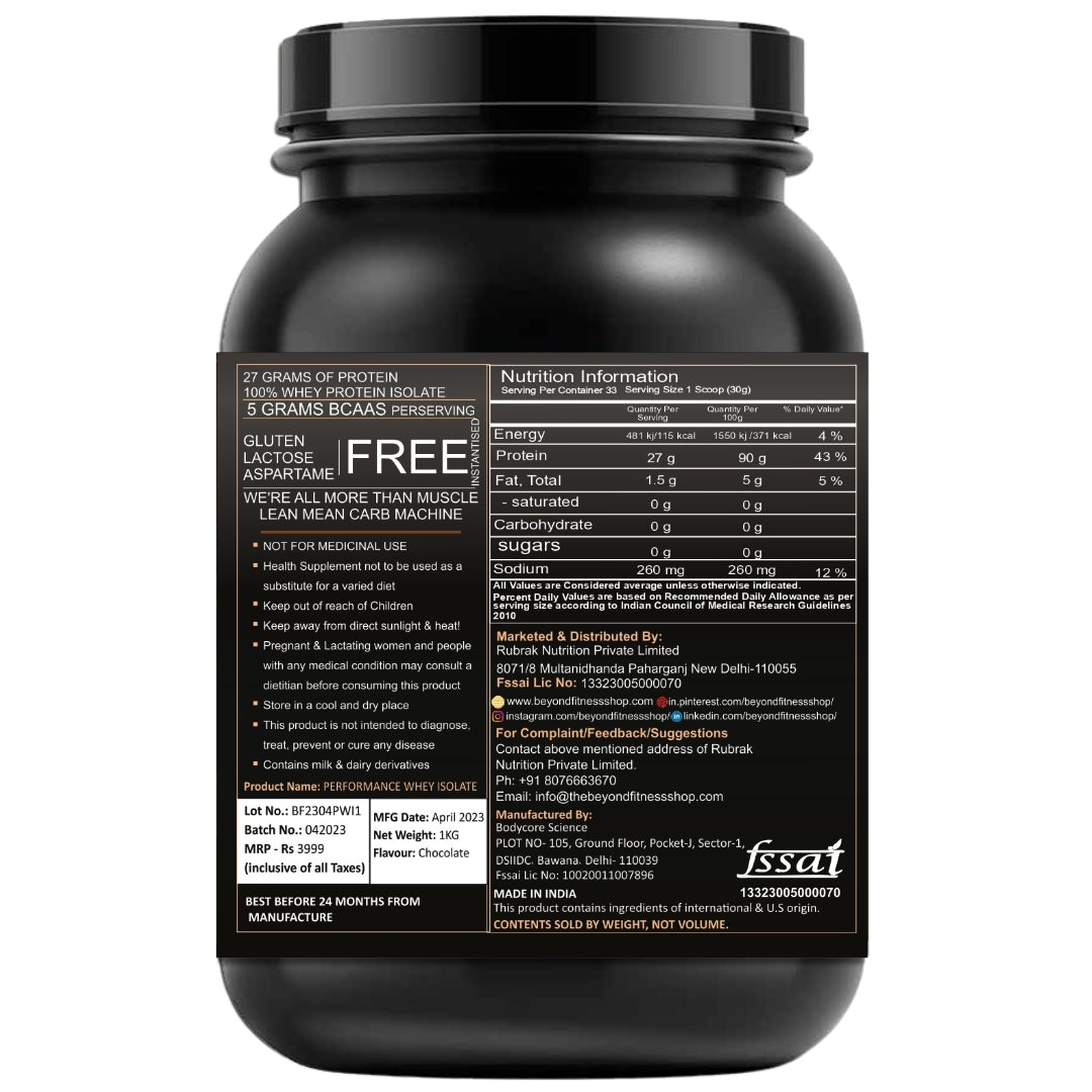 Beyond Fitness 100% Performance Whey Isolate Protein with 27g Protein per scoop, 2kg (4.4 lbs)